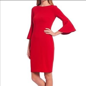 Calvin 3/4 Bell Sleeve Boat Neck Dress in Red